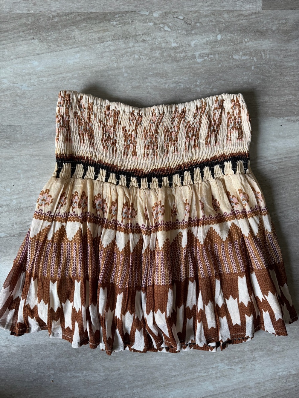 Smocked Waist Brown & Cream Patterned Mini Skirt